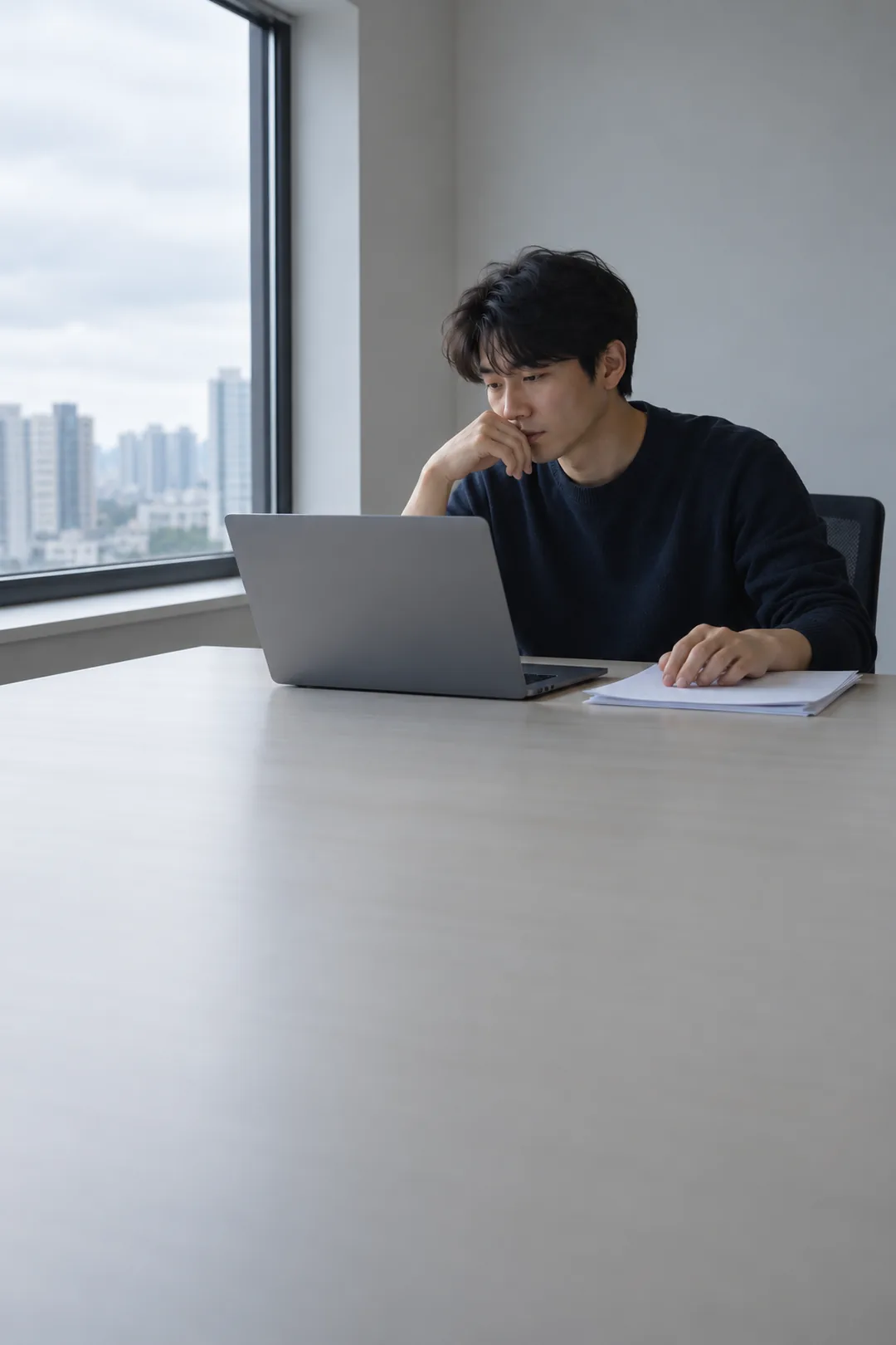 창가 책상에서 노트북과 출력물을 보며 생각하는 사람